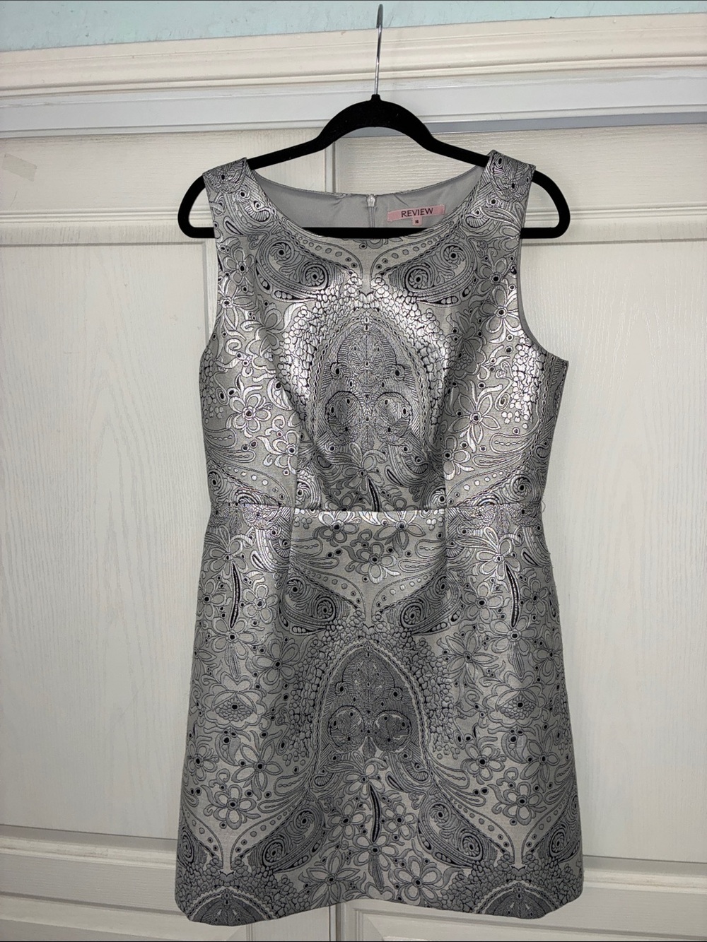 Review Metallic Silver Paisley Sheath Dress